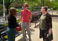 Lindsey Landfried, Amy Vashaw and Adam meet on the plaza in front of Eisenhower Auditorium.