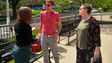 Lindsey Landfried, Amy Vashaw and Adam meet on the plaza in front of Eisenhower Auditorium.